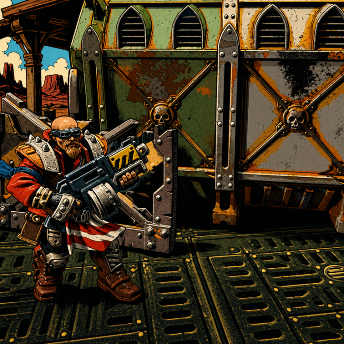An orlock ganger stands in the wastes with a bolter - Generated by GPT Image 2