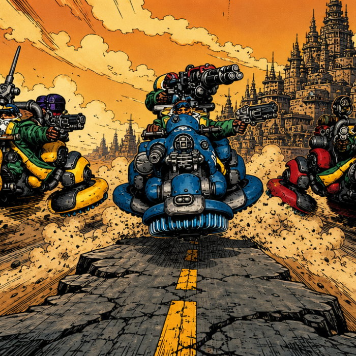 Three squat bikes racing down the ash road, a hive in the background. Image generated by GPT Image 2.