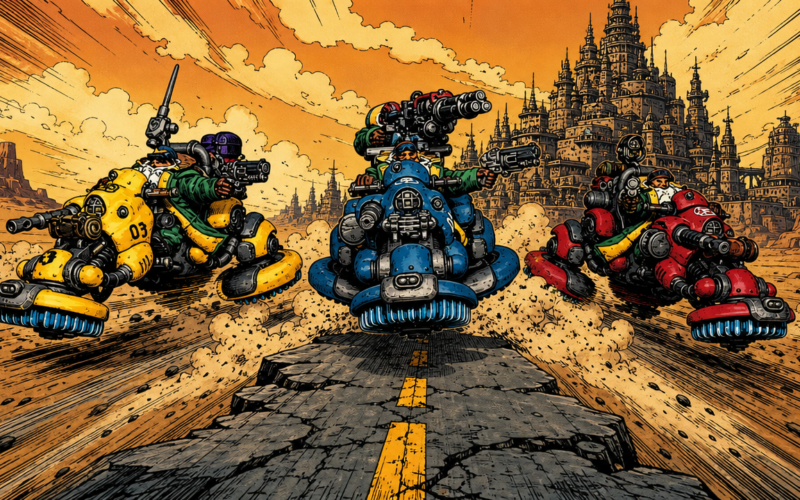 Three squat bikes racing down the ash road, a hive in the background. Image generated by GPT Image 2.