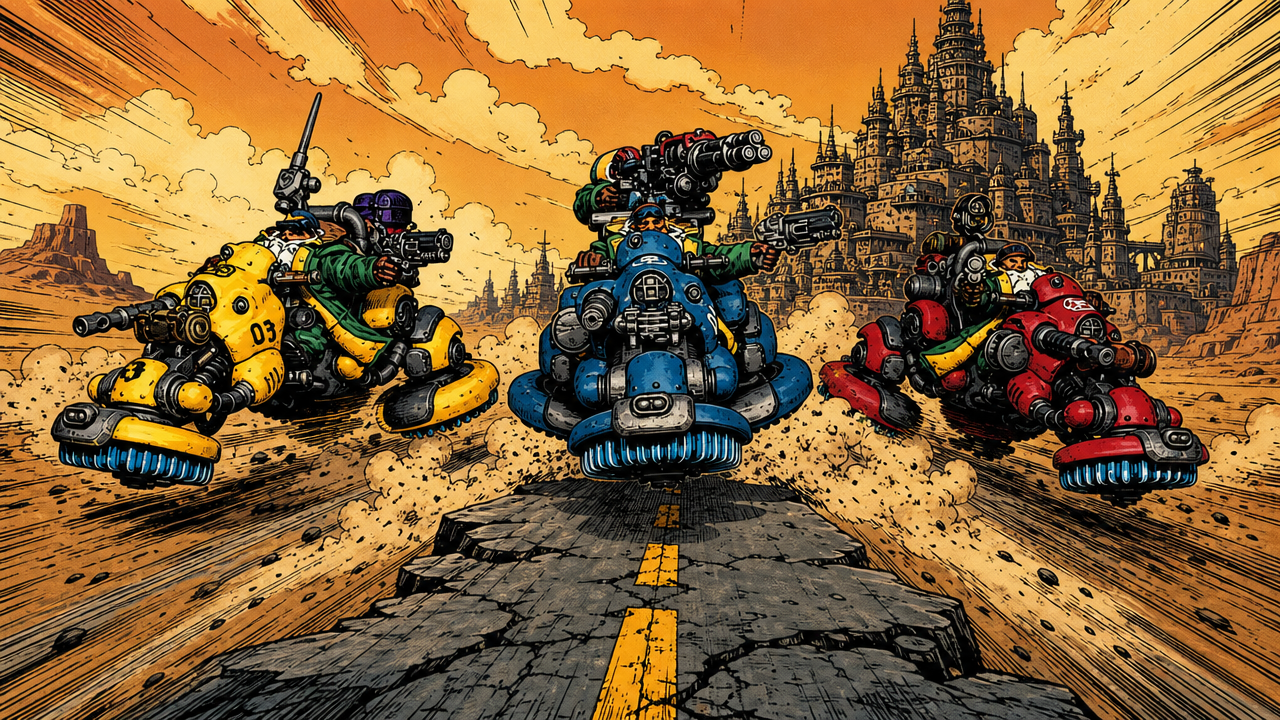 Three squat bikes racing down the ash road, a hive in the background. Image generated by GPT Image 2.
