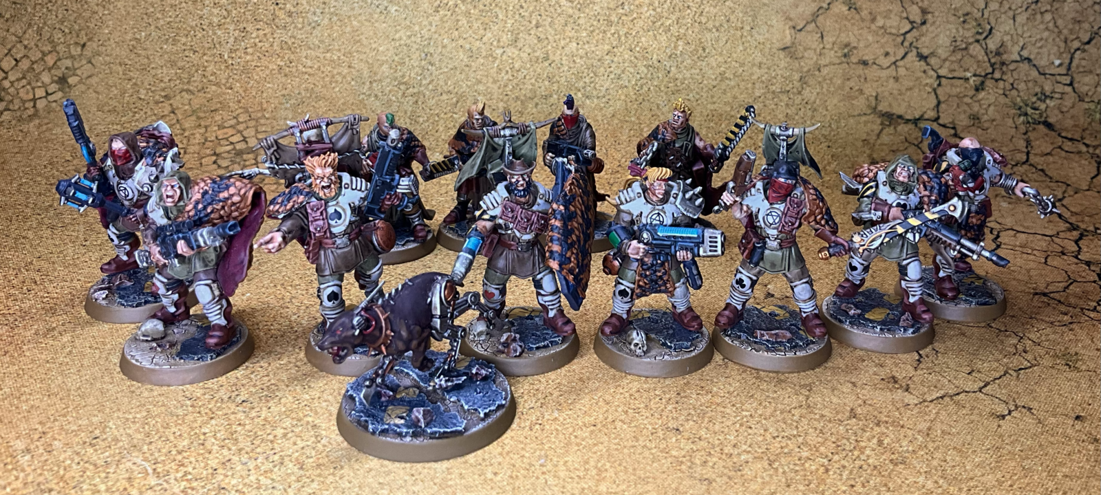 A badzone enforcer gang lined up in the Ash Wastes