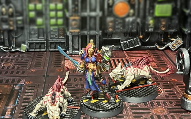 An escher gang queen and two phyrr cats modeled and posed in a tableau.