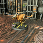 An Orlock cyber-mastiff missing a leg and most of its face.