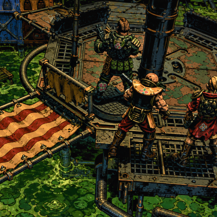 Three characters stand on a platform over the sump sea - Image created by GPT Image 2