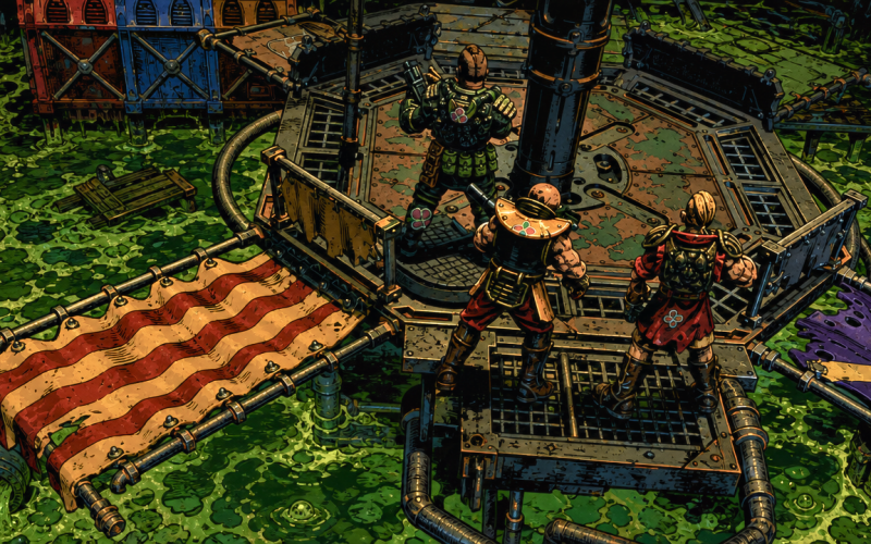 Three characters stand on a platform over the sump sea - Image created by GPT Image 2