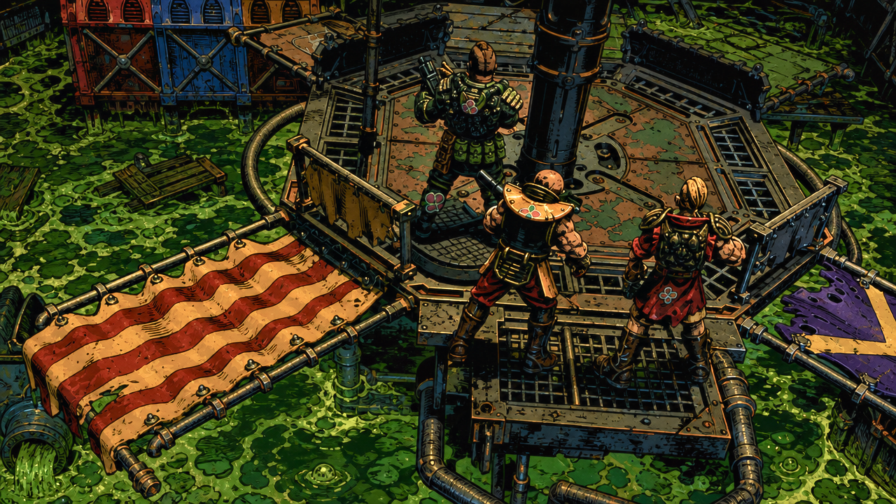 Three characters stand on a platform over the sump sea - Image created by GPT Image 2