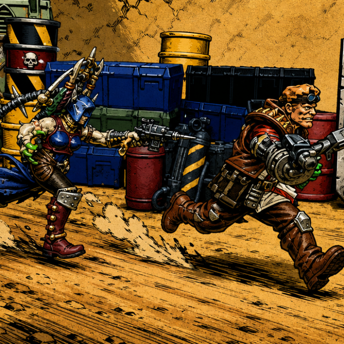 An Orlock ganger is chased by a deathmaiden across the wasteland - Generated by GPT Image 2