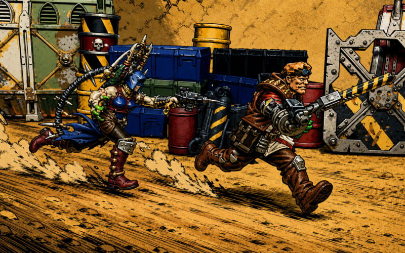 An Orlock ganger is chased by a deathmaiden across the wasteland - Generated by GPT Image 2