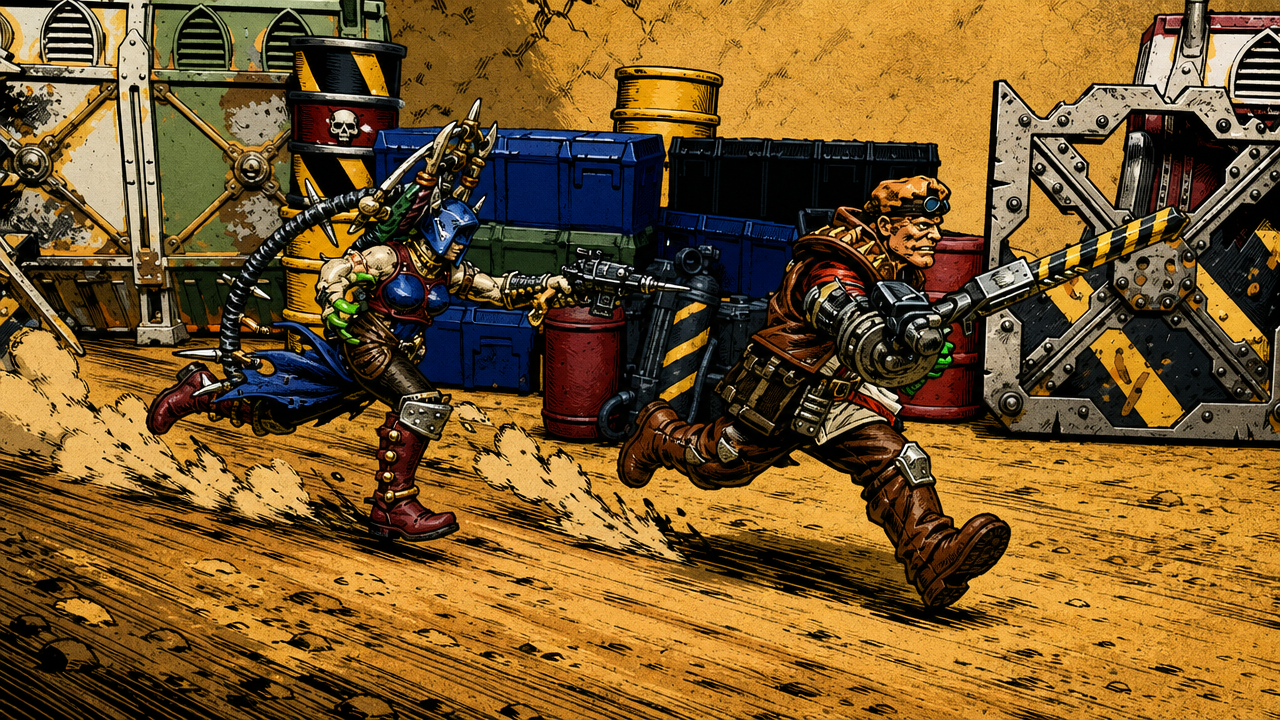 An Orlock ganger is chased by a deathmaiden across the wasteland - Generated by GPT Image 2