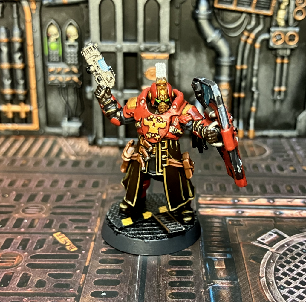 An Enforcer Captain from the front, shield and plasma pistol in hands.