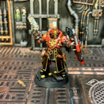 An Enforcer Captain from the front, shield and plasma pistol in hands.
