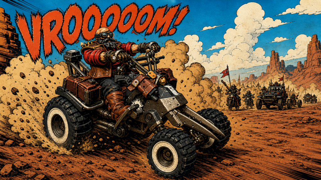 An Orlock quad peels out in front of wasteland traffic - Generated by GPT Image 2