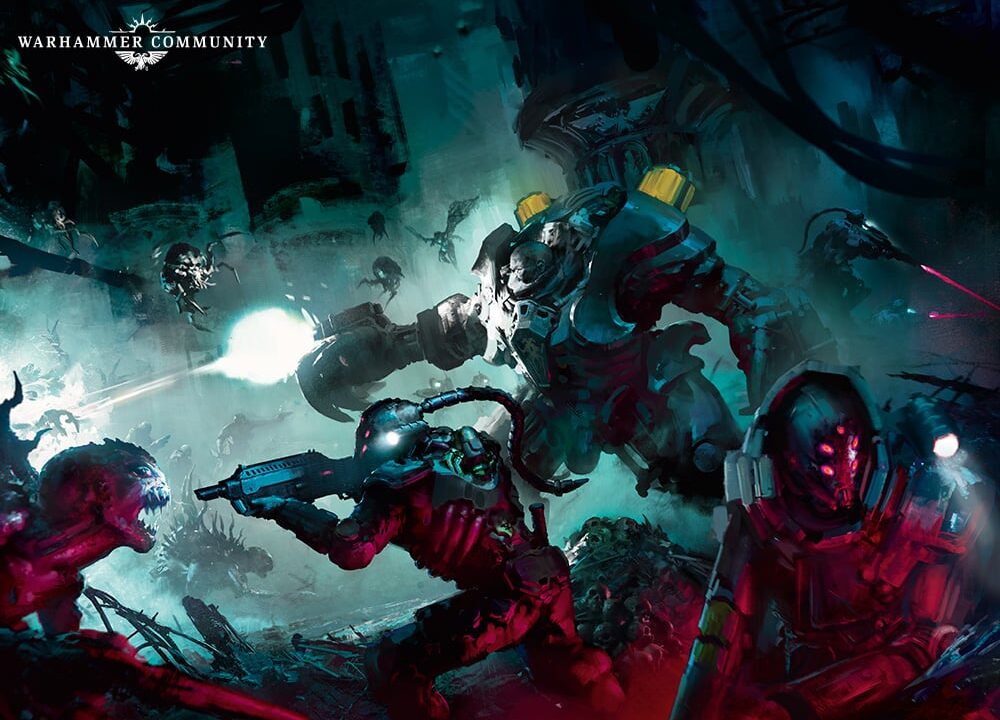 A Van Saar Incursion gang fighting off xenos with a spyerer. Image Credit: Games Workshop