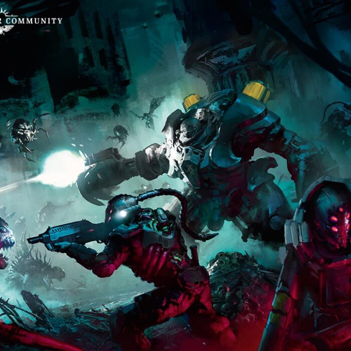 A Van Saar Incursion gang fighting off xenos with a spyerer. Image Credit: Games Workshop
