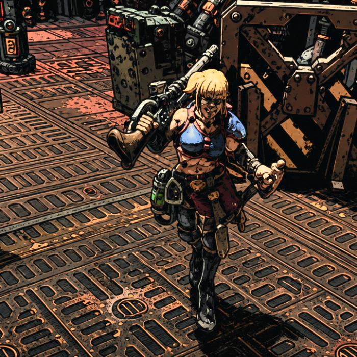 An Escher ganger with a las gun, strolling through the underhive