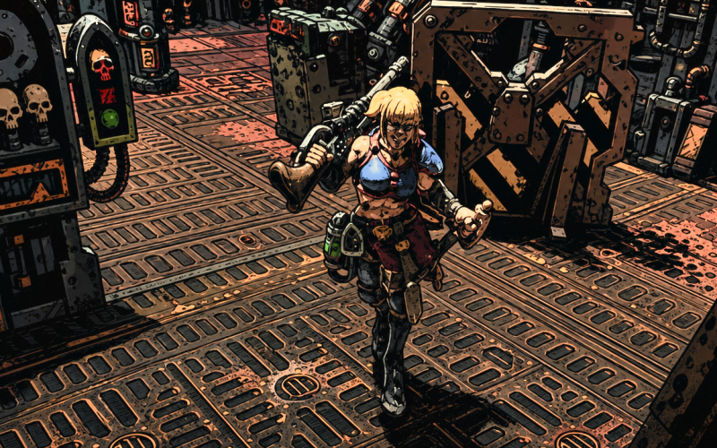 An Escher ganger with a las gun, strolling through the underhive