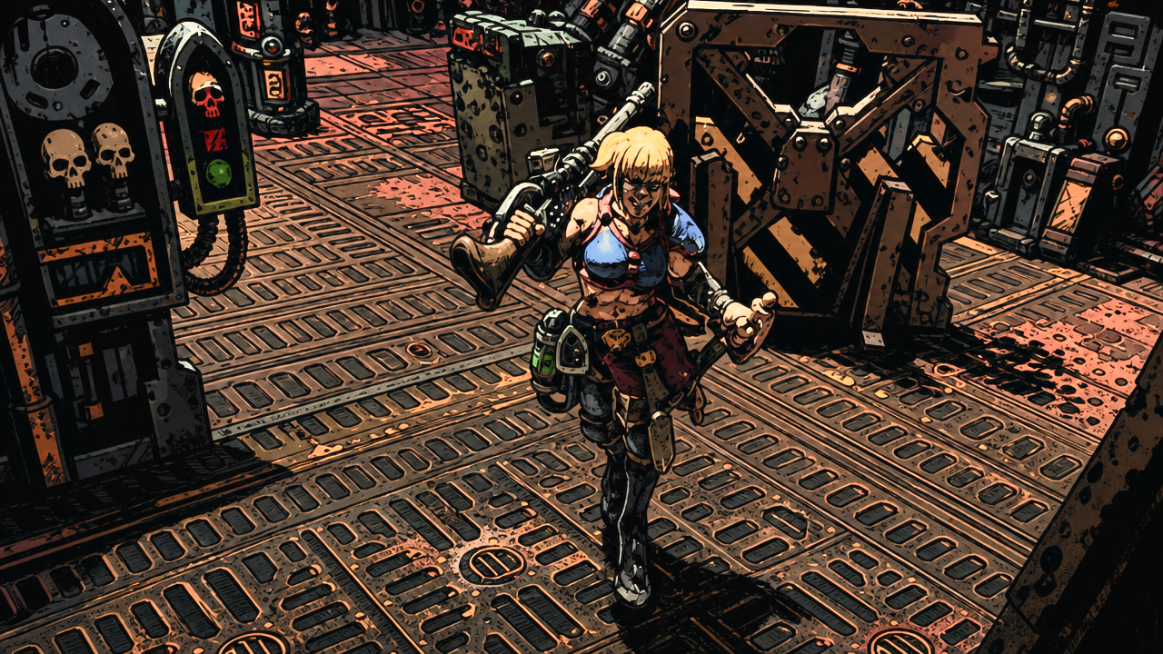 An Escher ganger with a las gun, strolling through the underhive