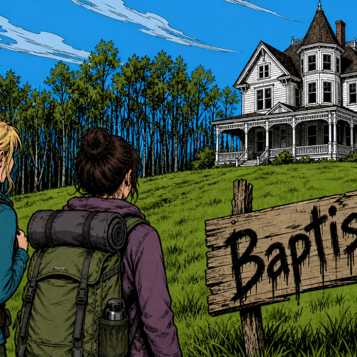 Two women stand staring at a creepy sign, a white victorian house looming in the distance. - Generated by Image GPT 2