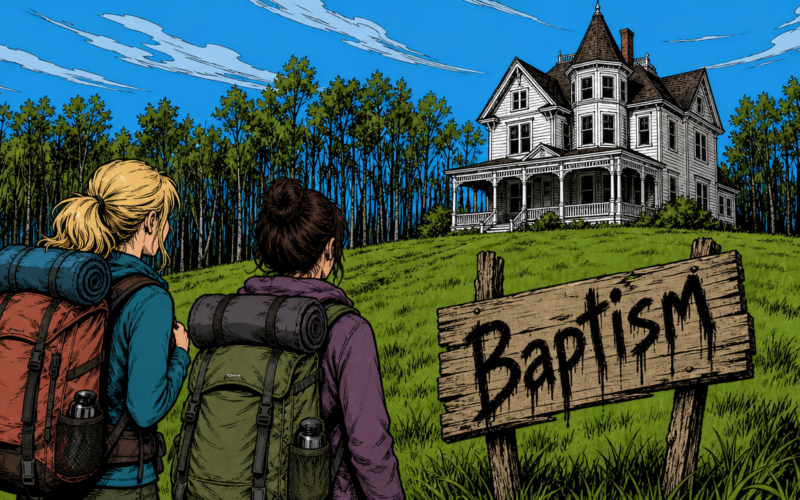Two women stand staring at a creepy sign, a white victorian house looming in the distance. - Generated by Image GPT 2