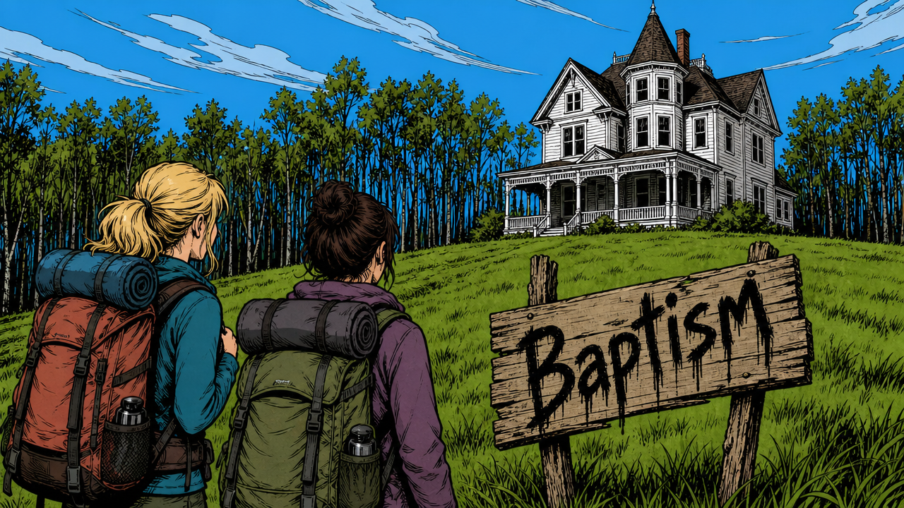 Two women stand staring at a creepy sign, a white victorian house looming in the distance. - Generated by Image GPT 2