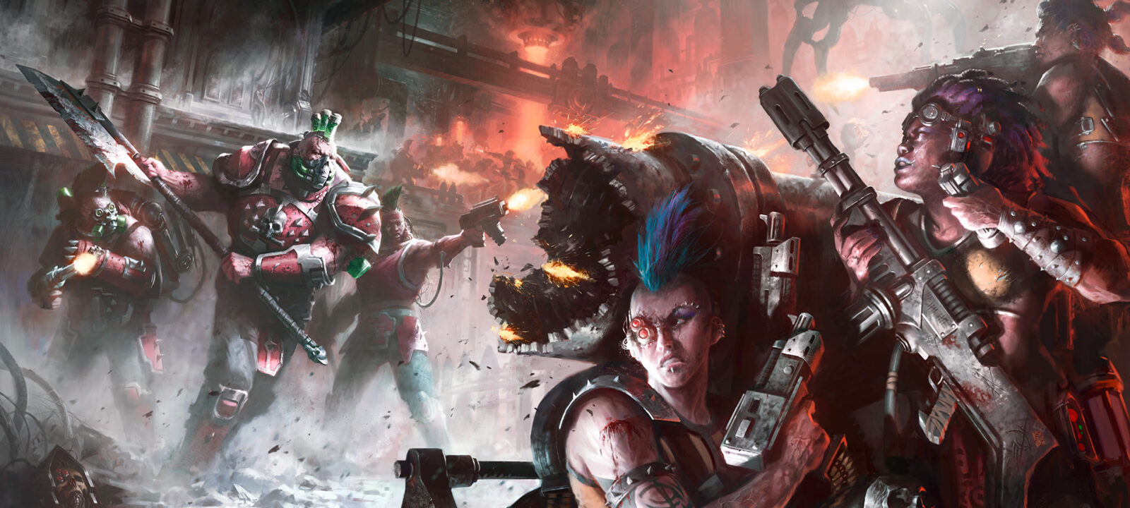 Escher and Goliath gangers at war in the Necromunda underhive.