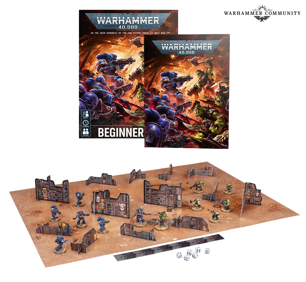 Warhammer: 40,000: Beginner Set with space marines, orcs, a ruler, a booklet, and dice.