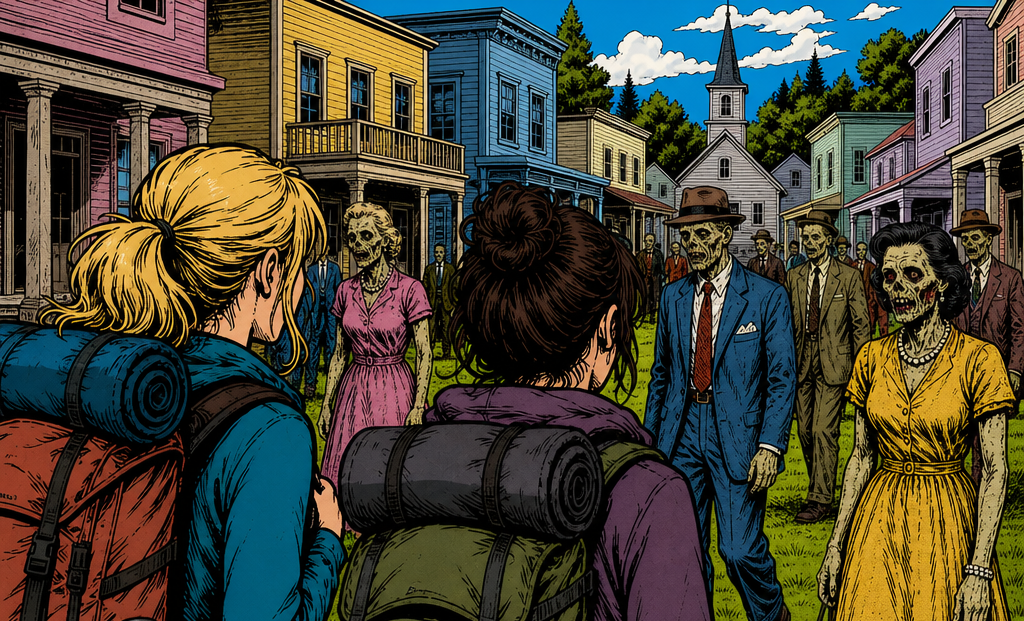 Two girls in hiking gear visit a town that does not look right. In that they look zombified.