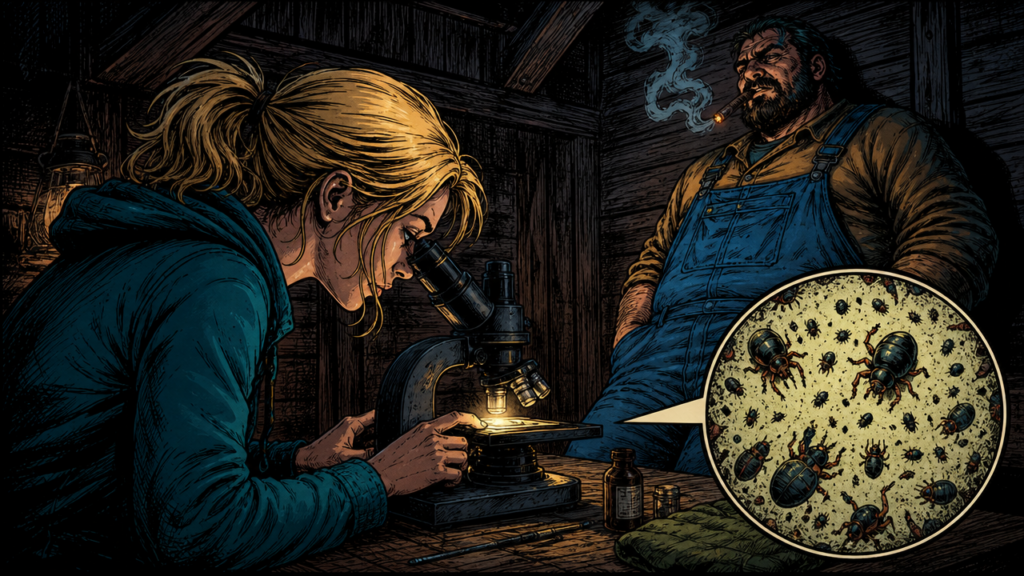 Moria looks through a microscope and sees the beetles while Bill watches her.