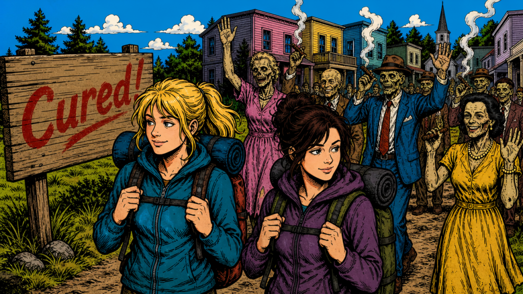 The town waves goodbye, looking like zombies recovering, cigars in hand.