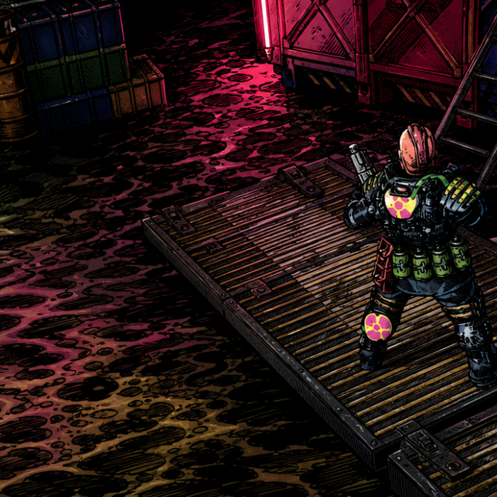 A lone outcast ganger with a bolter walks on a plaform above the sump sea.