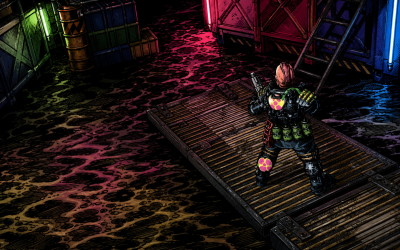A lone outcast ganger with a bolter walks on a plaform above the sump sea.