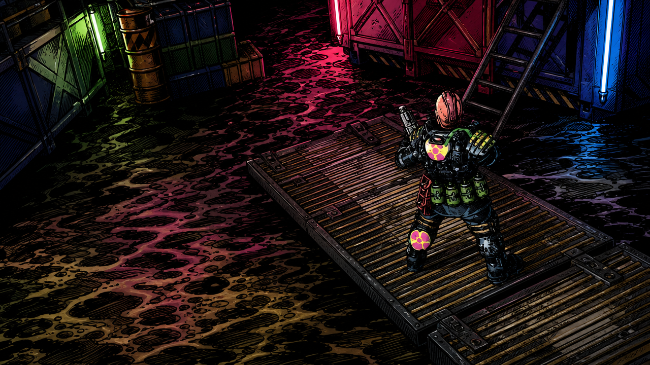 A lone outcast ganger with a bolter walks on a plaform above the sump sea.