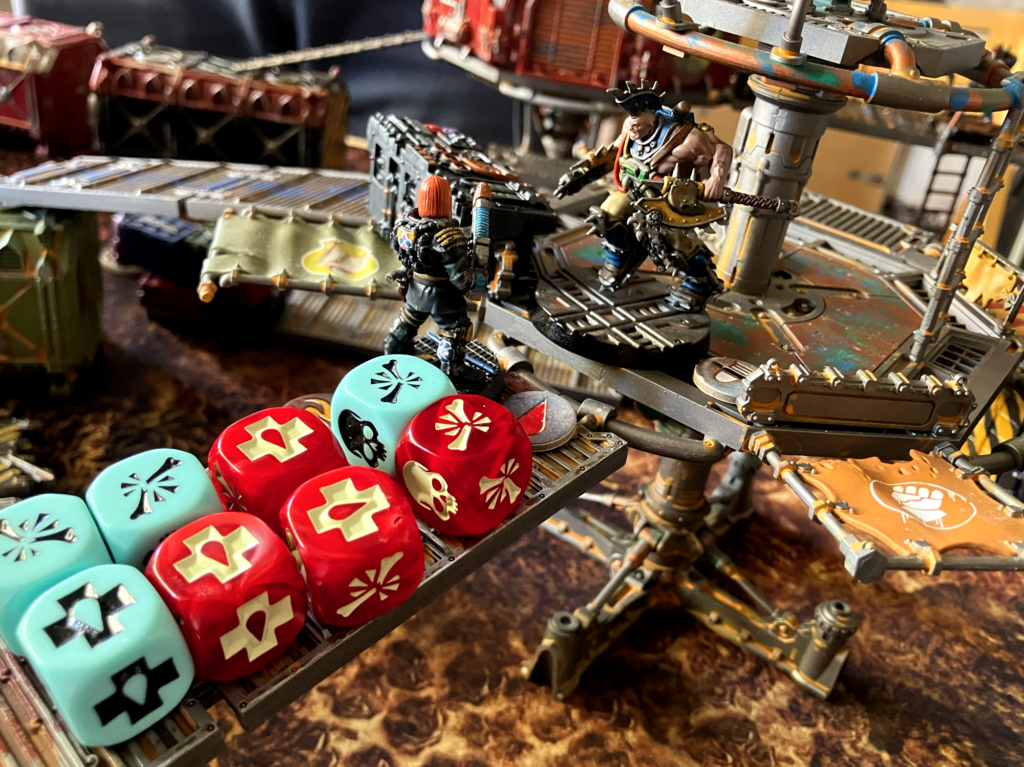 A goliath stimmer takes down an Outcast champion with no out of actions but a lot, a LOT, of wounds!