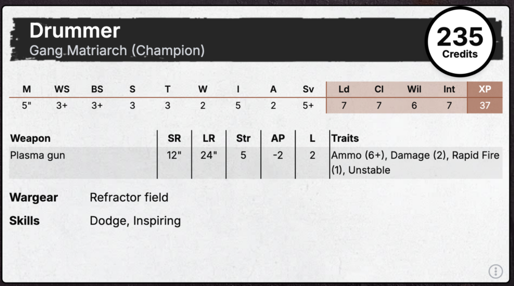 An Escher Gang Matriarch stat card