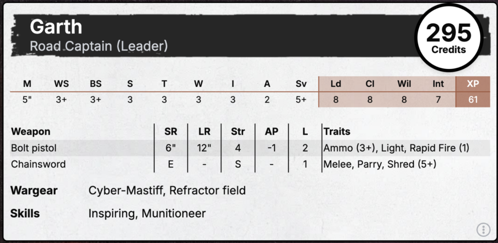 An Orlock leader stat card.