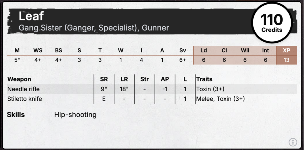 An Escher specialist Gang Sister's stat card