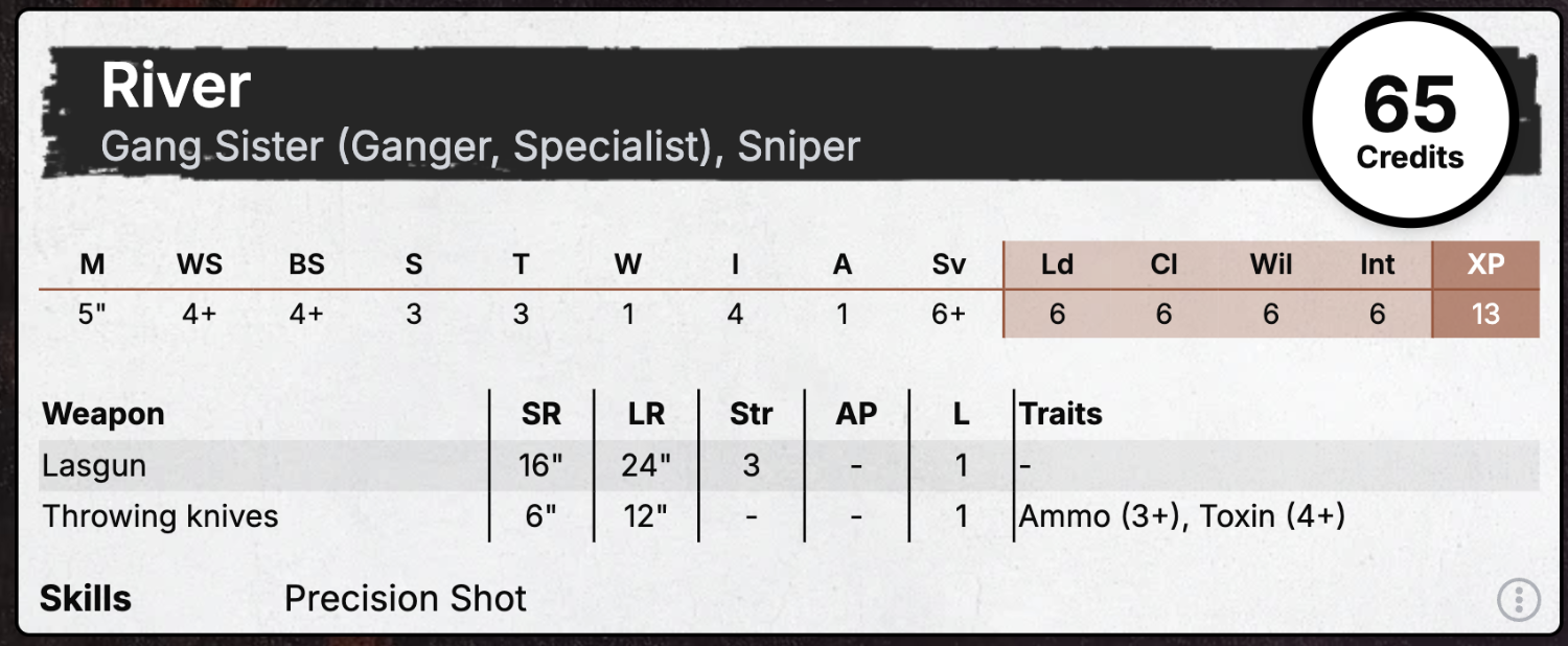 An Escher Gang Sister stat card