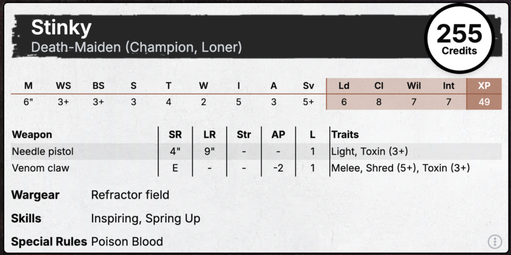 An Escher Death Maiden's stat card.