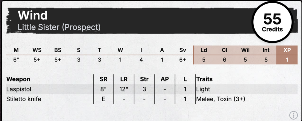 An Escher Little Sister's stat card