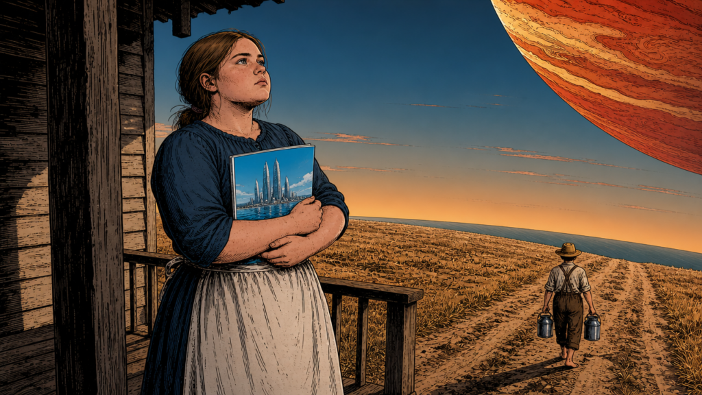 Samantha holding a magazine, looking into the distance to see if she can hear a ship landing.