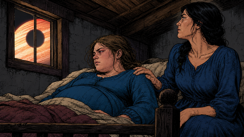 Samantha, pregnant in bed, her sister visiting her.