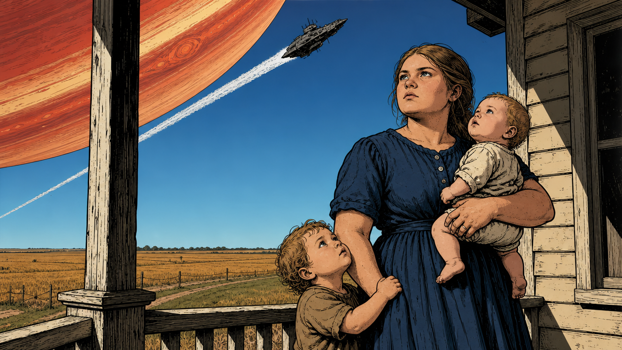 Samantha, with her children, sees a ship pass by. Generated by GPT Image 2.