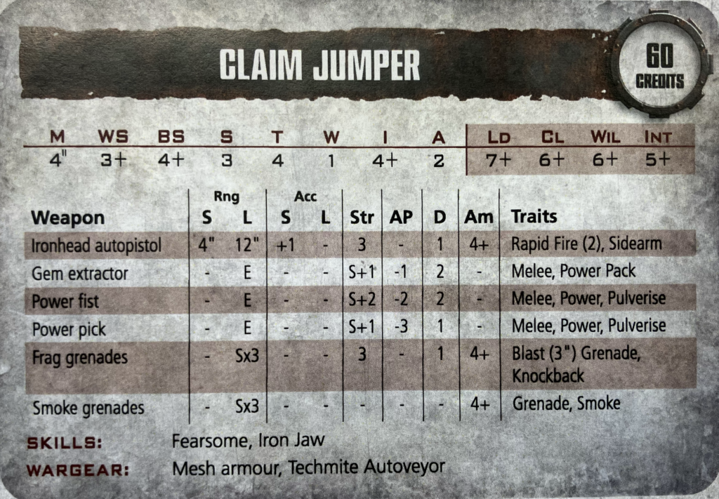 The claim jumper's old Necromunda stat card.