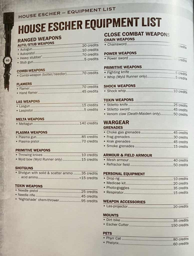 Escher house equipment list