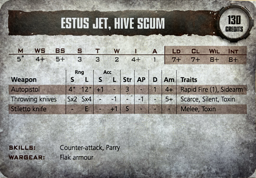 Estus Jet's old Necromunda stat card.