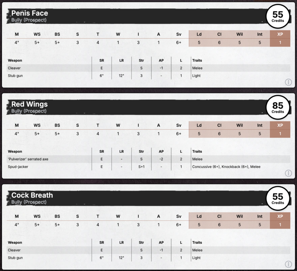 A new stat card for three Goliath Bullies.
