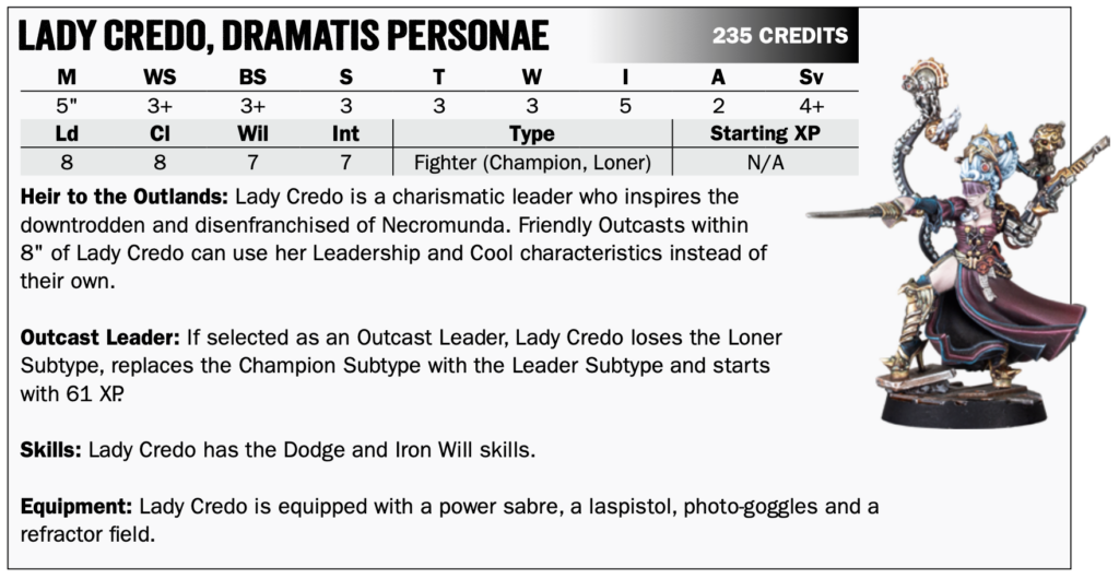 Lady Credo's new Necromunda stat card.