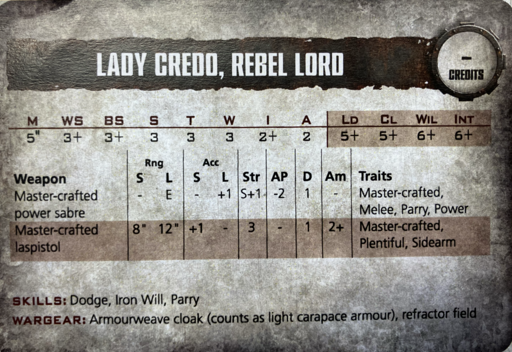 Lady Credo's old Necromunda stat card.