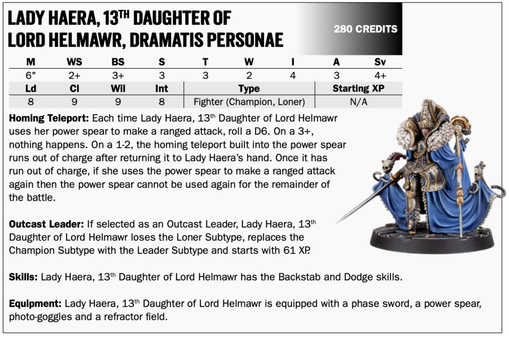 Lady Haera's new Necromunda stat card.