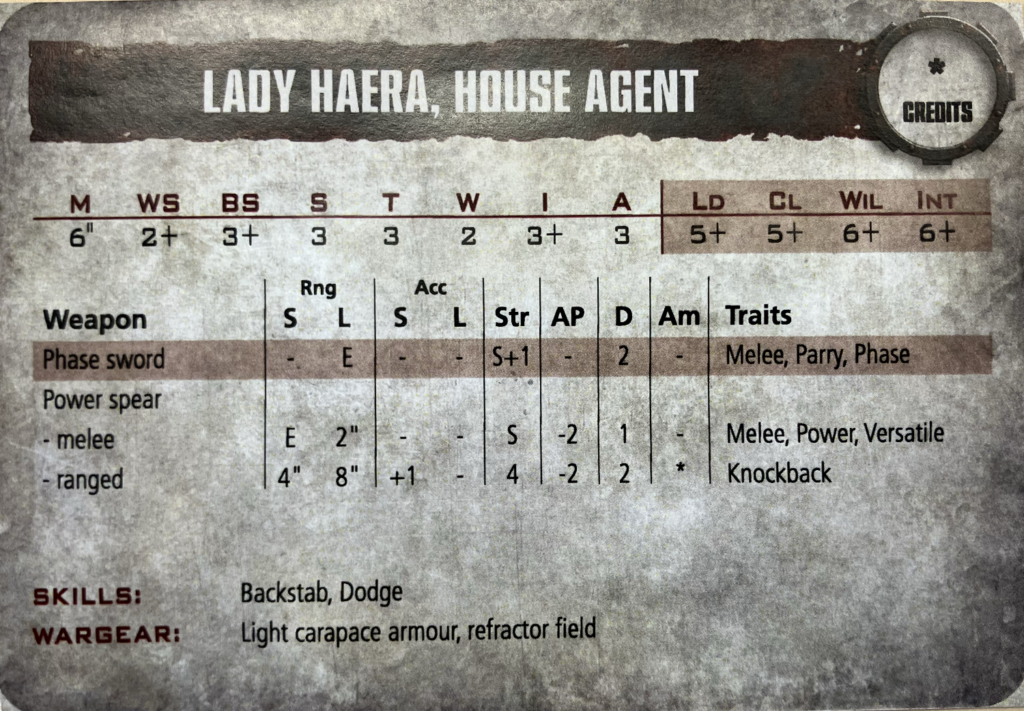 Lady Haera's old Necromunda stat card.